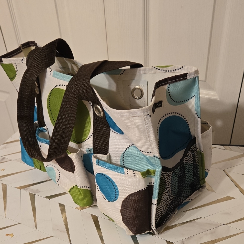 Thirty-One Large Polka Dot Tote Bag Brown Aqua Lime White 2 Handle Pockets EUC